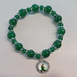 Green Saint Judas Tadeo Beaded Bracelet with Silver Accents